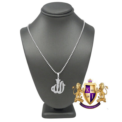 Pure Italian Sterling Silver Allah God Muslim Islamic Pendent Simulated Diamond Mini Charm Chain Set