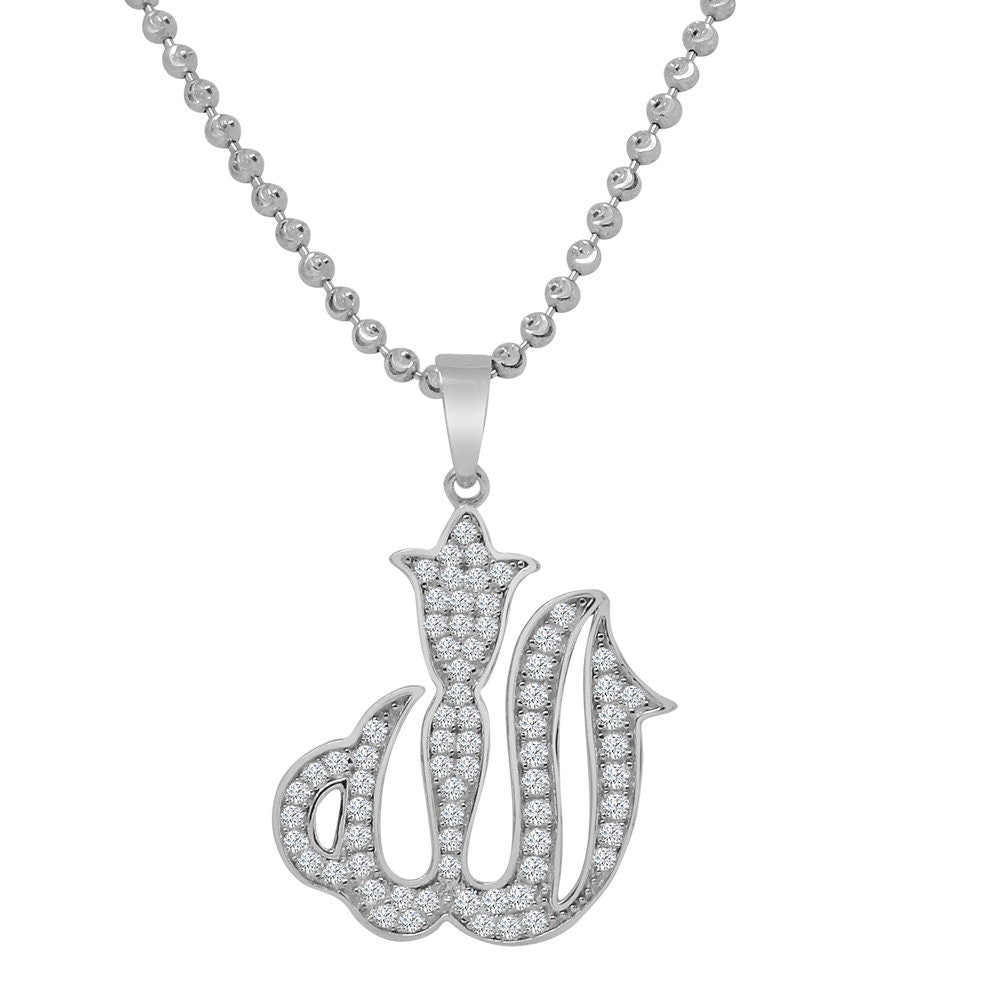 Pure Italian Sterling Silver Allah God Muslim Islamic Pendent Simulated Diamond Mini Charm Chain Set
