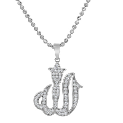 Pure Italian Sterling Silver Allah God Muslim Islamic Pendent Simulated Diamond Mini Charm Chain Set