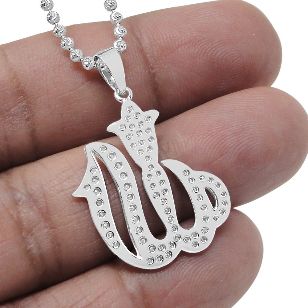 Pure Italian Sterling Silver Allah God Muslim Islamic Pendent Simulated Diamond Mini Charm Chain Set