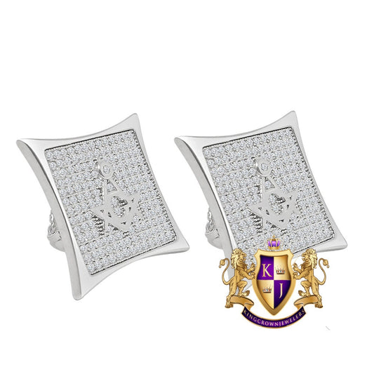 14K Gold White Gold Finish Simulated Diamond Masonic Freemason Square 18 mm Screw Back Stud Earrings