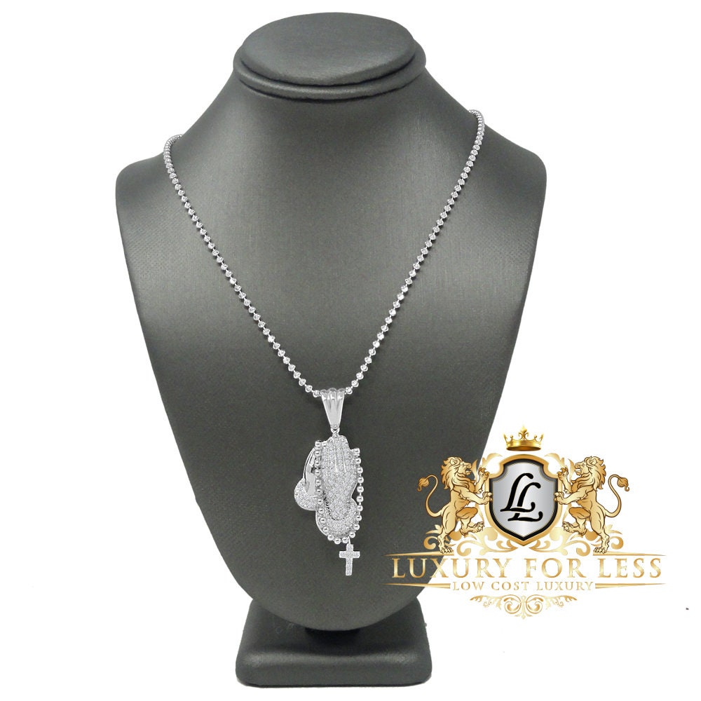 Real Genuine Authentic Italian Sterling Silver 14K Gold Finish Praying Hands Cross Pendant 1.50 Cwt. Simulated Diamond Mini Charm Chain Set