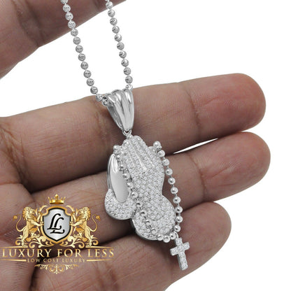 Real Genuine Authentic Italian Sterling Silver 14K Gold Finish Praying Hands Cross Pendant 1.50 Cwt. Simulated Diamond Mini Charm Chain Set