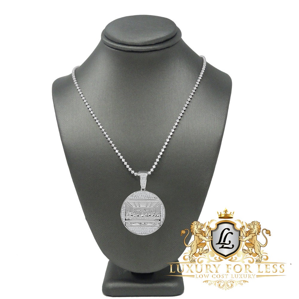 Pure Italian Sterling Silver Last Supper Jesus Pendent Simulated Diamond Religious Round Charm Chain Set