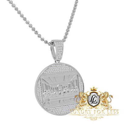 Pure Italian Sterling Silver Last Supper Jesus Pendent Simulated Diamond Religious Round Charm Chain Set