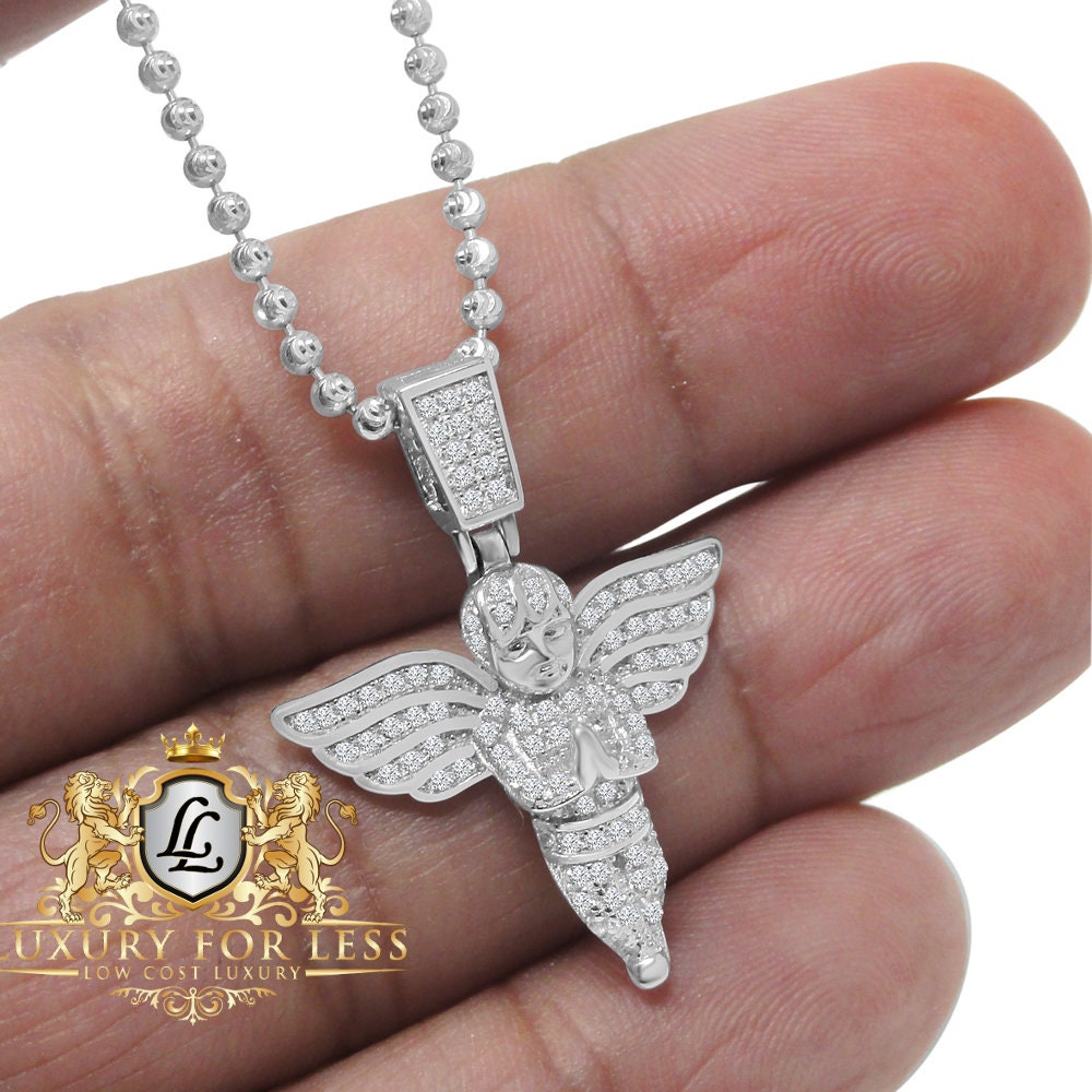 Pure Italian Sterling Silver Mini Angel Pendent Simulated Diamond Religious Round Charm Chain Set