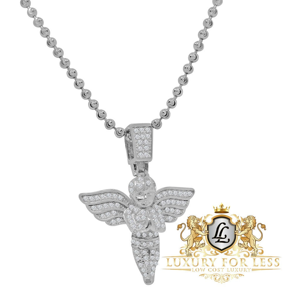 Pure Italian Sterling Silver Mini Angel Pendent Simulated Diamond Religious Round Charm Chain Set