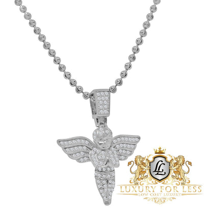 Pure Italian Sterling Silver Mini Angel Pendent Simulated Diamond Religious Round Charm Chain Set