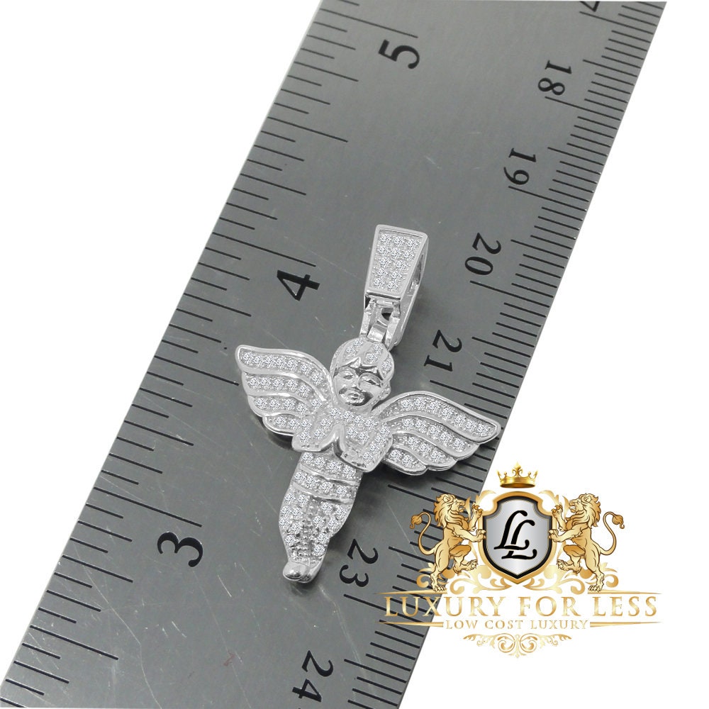 Pure Italian Sterling Silver Mini Angel Pendent Simulated Diamond Religious Round Charm Chain Set