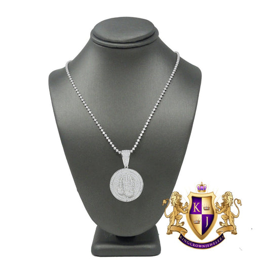 Real Genuine Sterling Silver Praying Hands Round Mini Pendent Simulated Diamond Mini Charm Chain Set
