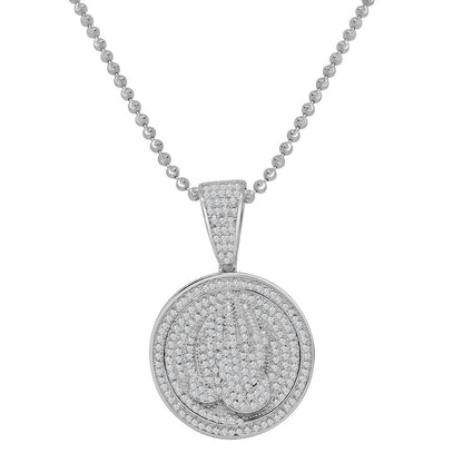 Real Genuine Sterling Silver Praying Hands Round Mini Pendent Simulated Diamond Mini Charm Chain Set