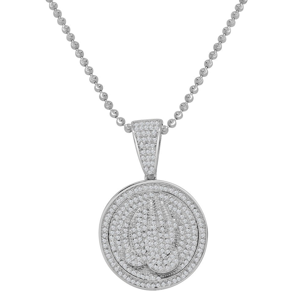 Real Genuine Sterling Silver Praying Hands Round Mini Pendent Simulated Diamond Mini Charm Chain Set