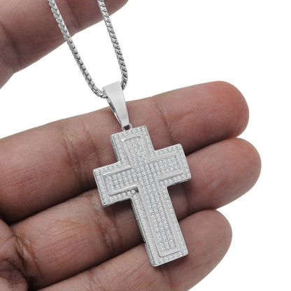 Real Genuine Sterling Silver Jesus Cross Pendent Simulated Diamond Religious Charm Chain Set