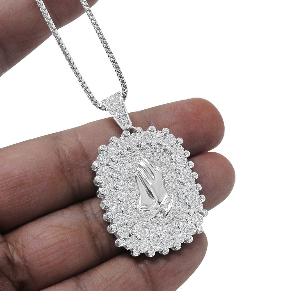 Real Genuine Sterling Silver Praying Hands Frame Pendent Simulated Diamond Religious Charm Chain Set