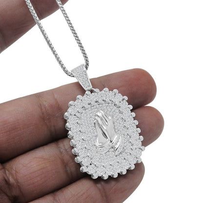 Real Genuine Sterling Silver Praying Hands Frame Pendent Simulated Diamond Religious Charm Chain Set