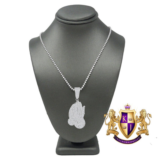 Unisex Real Genuine Sterling Silver Praying Hands Pendent Simulated Diamond Mini Charm Chain Set