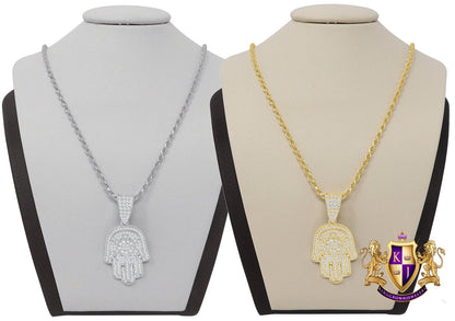 14K Gold Finish Simulated Diamond Hamsa Hand Jewish Religious Charm Mini Pendent Chain Set Unisex