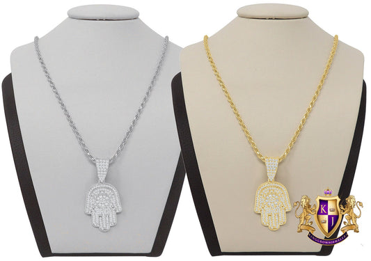 14K Gold Finish Simulated Diamond Hamsa Hand Jewish Religious Charm Mini Pendent Chain Set Unisex