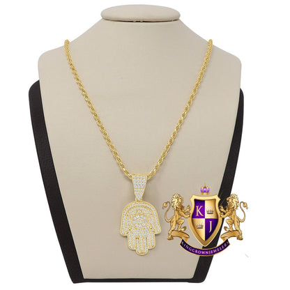 14K Gold Finish Simulated Diamond Hamsa Hand Jewish Religious Charm Mini Pendent Chain Set Unisex