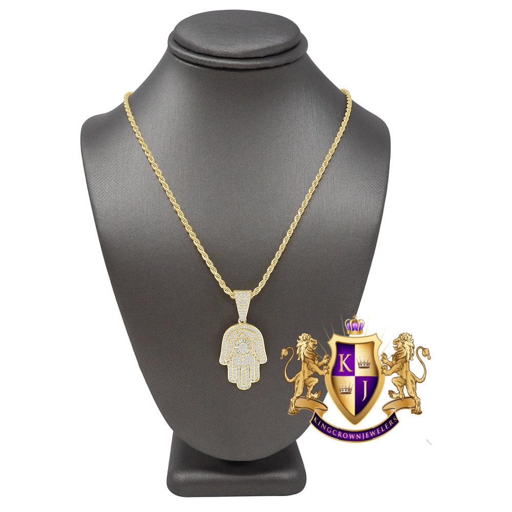 14K Gold Finish Simulated Diamond Hamsa Hand Jewish Religious Charm Mini Pendent Chain Set Unisex