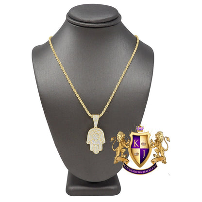14K Gold Finish Simulated Diamond Hamsa Hand Jewish Religious Charm Mini Pendent Chain Set Unisex