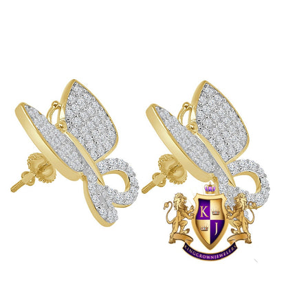 Real Silver 14K Gold Over Simulated Diamond Butterfly 16 mm Screw Back 3D Stud Earrings Unisex