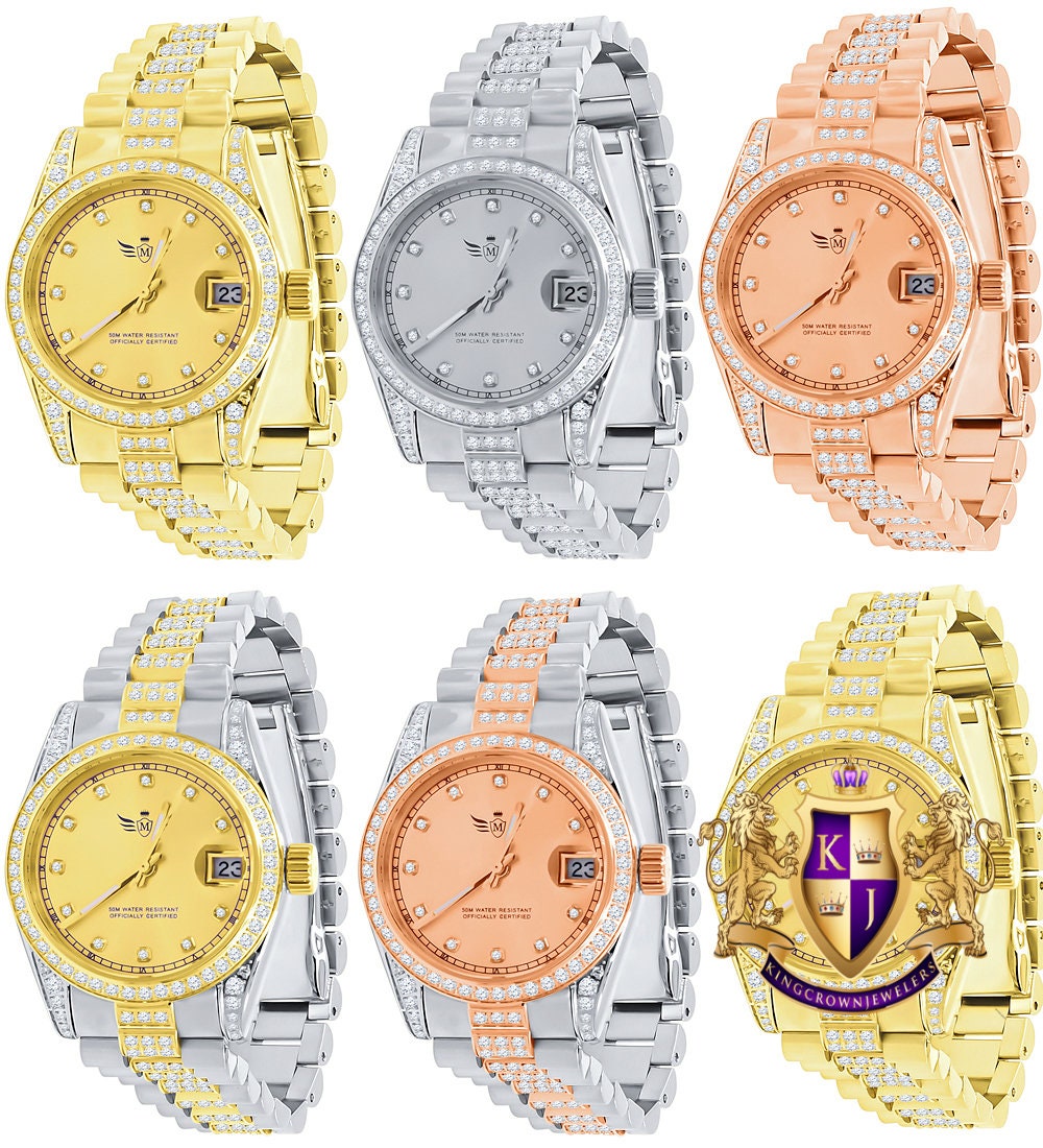Solid Stainless Steel Icy Band 18K Gold Finish Simulated Diamond Ladies Women's Presidential Watch 30mm W/Date Function
