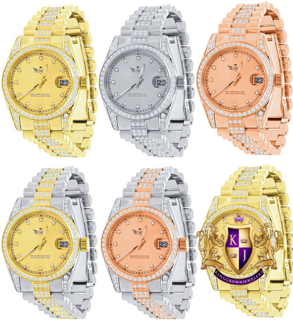Solid Stainless Steel Icy Band 18K Gold Finish Simulated Diamond Ladies Women's Presidential Watch 30mm W/Date Function