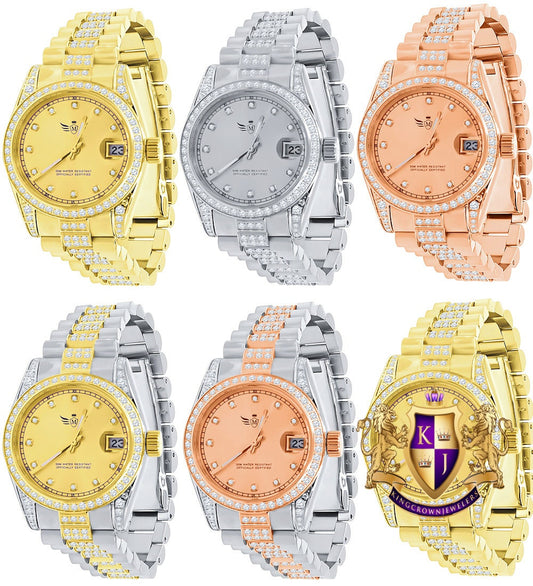 Solid Stainless Steel Icy Band 18K Gold Finish Simulated Diamond Ladies Women's Presidential Watch 30mm W/Date Function