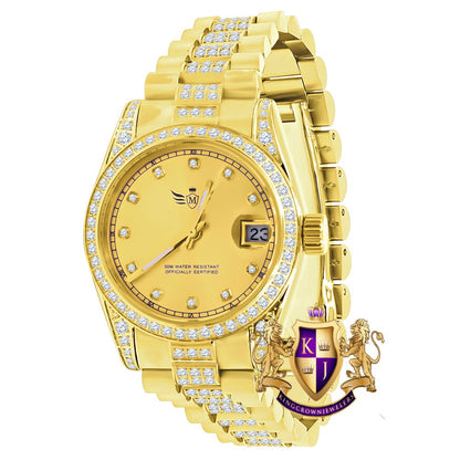Solid Stainless Steel Icy Band 18K Gold Finish Simulated Diamond Ladies Women's Presidential Watch 30mm W/Date Function