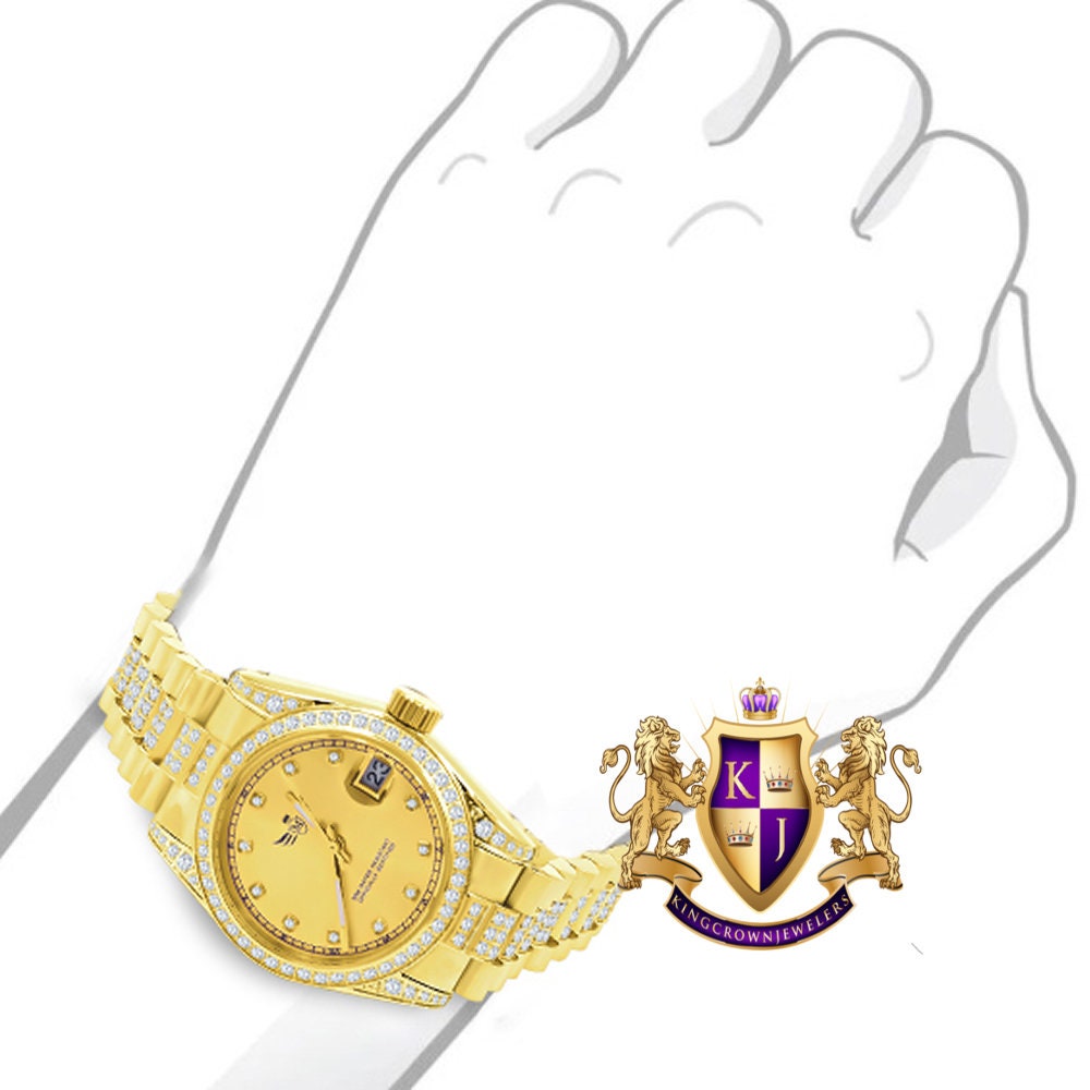 Solid Stainless Steel Icy Band 18K Gold Finish Simulated Diamond Ladies Women's Presidential Watch 30mm W/Date Function