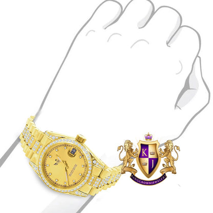 Solid Stainless Steel Icy Band 18K Gold Finish Simulated Diamond Ladies Women's Presidential Watch 30mm W/Date Function