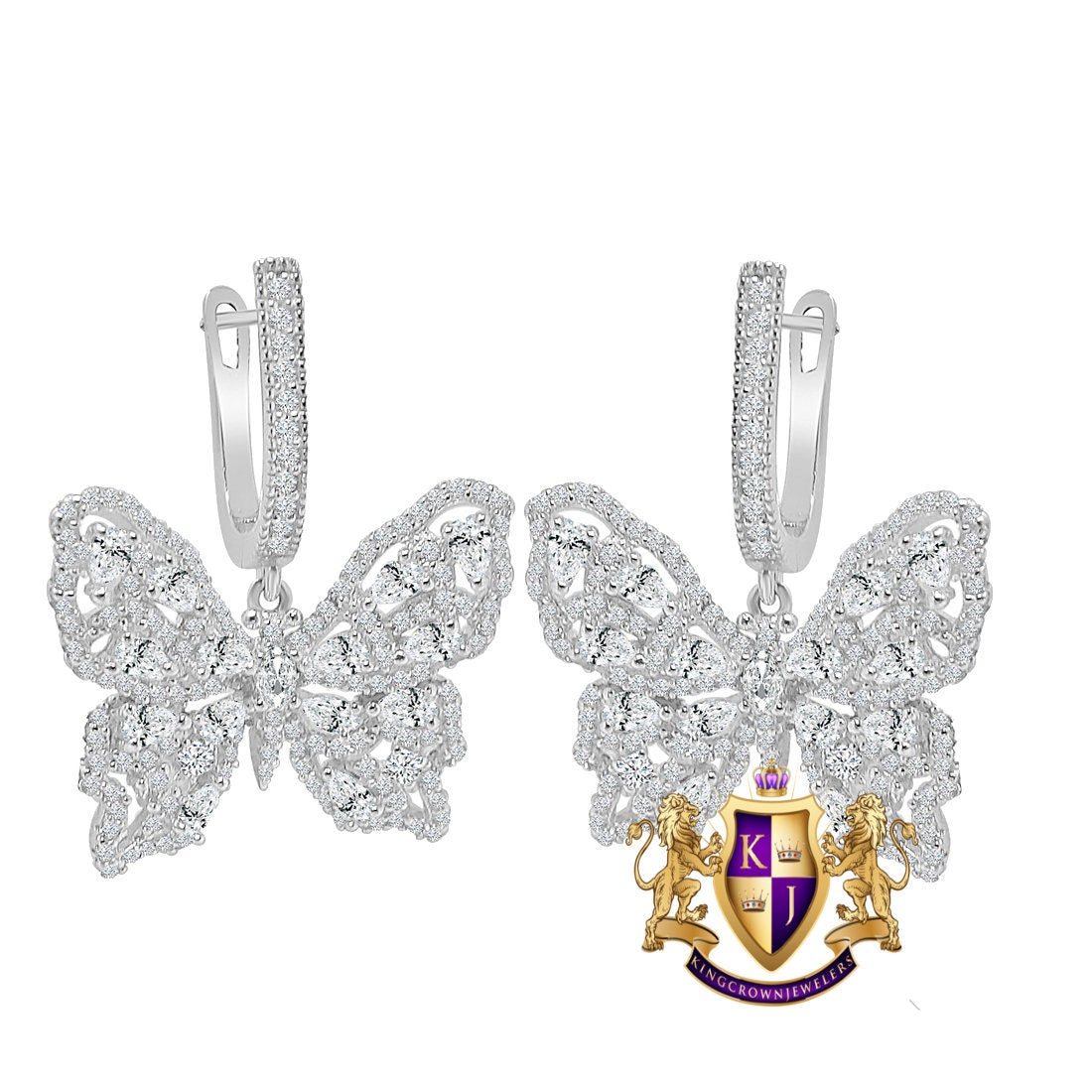 Pure Italian Sterling Silver 14K Gold Over Simulated Diamond Butterfly Shape 20 mm Hoop Stud Earrings Unisex
