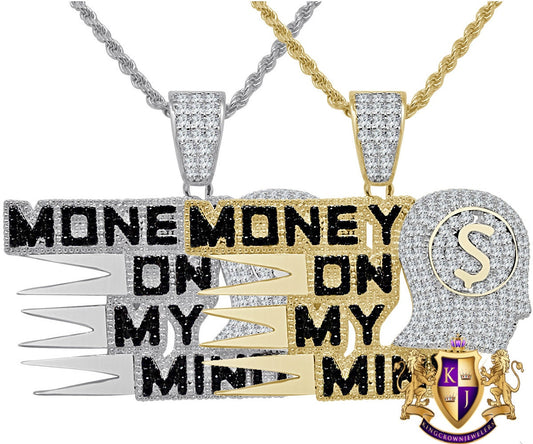 Real Genuine Sterling Silver Simulated Diamonds Money On My Mind Custom Charm Pendent Chain Set