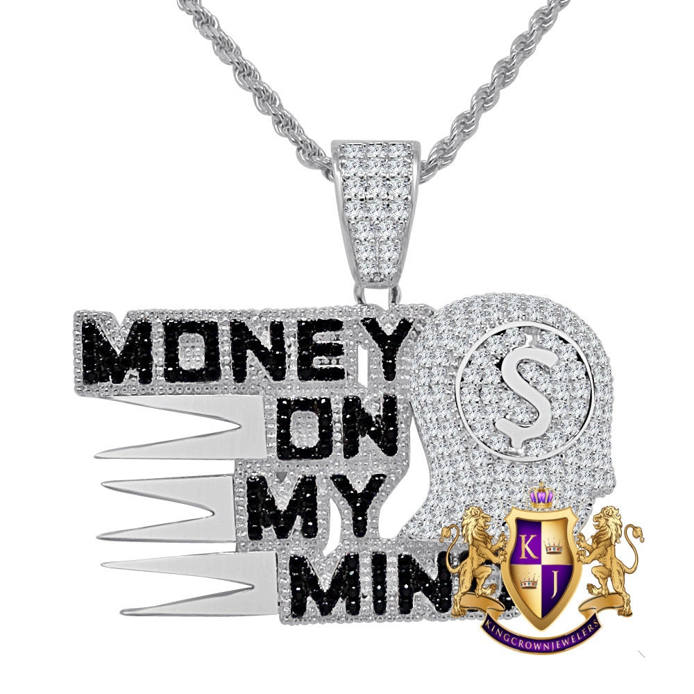 Real Genuine Sterling Silver Simulated Diamonds Money On My Mind Custom Charm Pendent Chain Set
