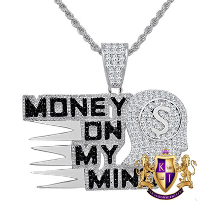 Real Genuine Sterling Silver Simulated Diamonds Money On My Mind Custom Charm Pendent Chain Set