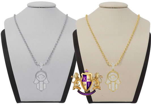 Real Silver 14K Gold Finish Simulated Diamond Hamsa Hand Jewish Religious Charm Mini Pendent Chain Set
