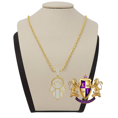Real Silver 14K Gold Finish Simulated Diamond Hamsa Hand Jewish Religious Charm Mini Pendent Chain Set