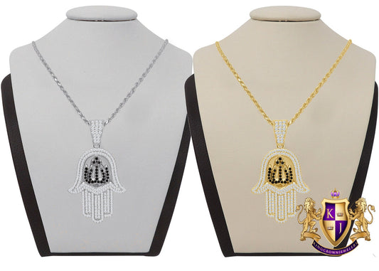 Unisex Genuine Sterling Silver 14K Gold Finish Simulated Diamond Hamsa Hand Allah Religious Charm Mini Pendent Chain Set