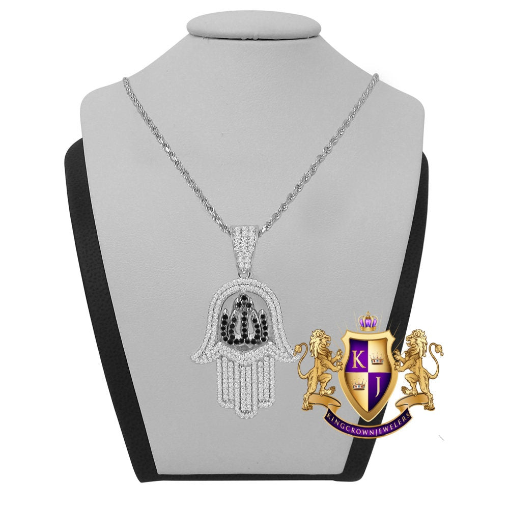 Unisex Genuine Sterling Silver 14K Gold Finish Simulated Diamond Hamsa Hand Allah Religious Charm Mini Pendent Chain Set