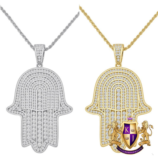 Real Genuine Sterling Silver Simulated Diamond Hamsa Hand Pendent Charm 2'' + Free Chain