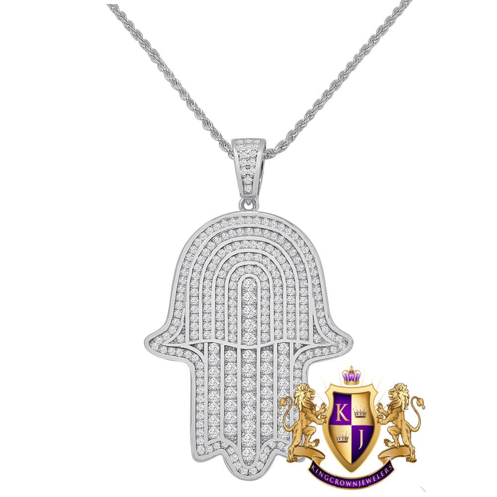 Real Genuine Sterling Silver Simulated Diamond Hamsa Hand Pendent Charm 2'' + Free Chain