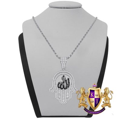 Genuine Sterling Silver 14K Gold Finish Simulated Diamond Hamsa Hand Allah Religious Charm Mini Pendent + Free Chain