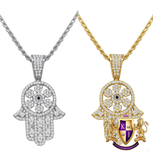 Unisex Pure Italian Sterling Silver Simulated Diamond Hamsa Hand Mini Pendent Charm 1.50'' + Free Chain