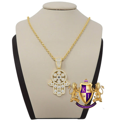 Unisex Pure Italian Sterling Silver Simulated Diamond Hamsa Hand Mini Pendent Charm 1.50'' + Free Chain
