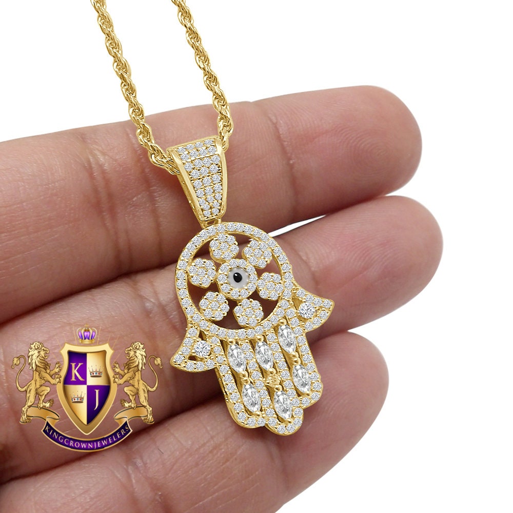 Unisex Pure Italian Sterling Silver Simulated Diamond Hamsa Hand Mini Pendent Charm 1.50'' + Free Chain