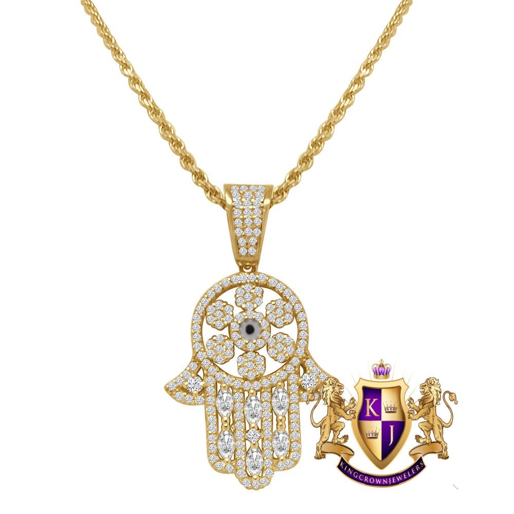 Unisex Pure Italian Sterling Silver Simulated Diamond Hamsa Hand Mini Pendent Charm 1.50'' + Free Chain