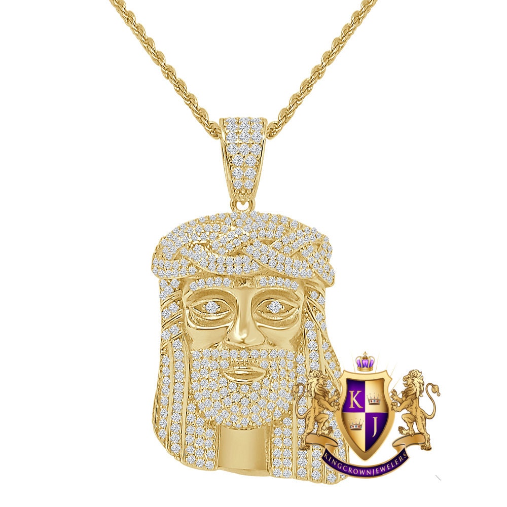 Real Italian Sterling Silver Simulated Diamond Jesus Face Piece Pendent Charm 1.90'' + Free Chain