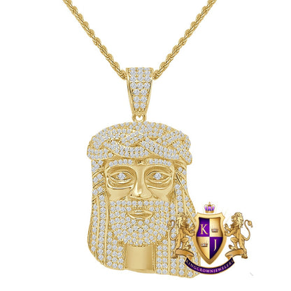 Real Italian Sterling Silver Simulated Diamond Jesus Face Piece Pendent Charm 1.90'' + Free Chain