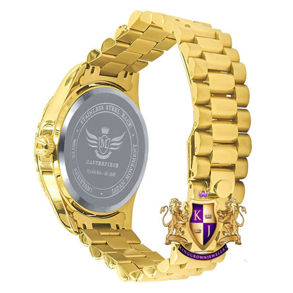 Men's Solid Stainless Steel 18K Gold Finish Simulated Diamond Automatic Watch 44mm W/Date Function